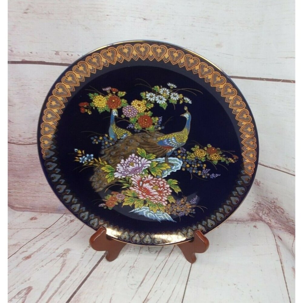 10 1/2" MCI Japan Vintage Japanese Peacock Plate Blue With Gold Trim Border 